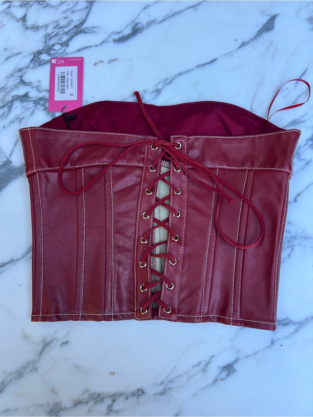 Edikted Burgundy Lace-Up Faux Leather Corset
